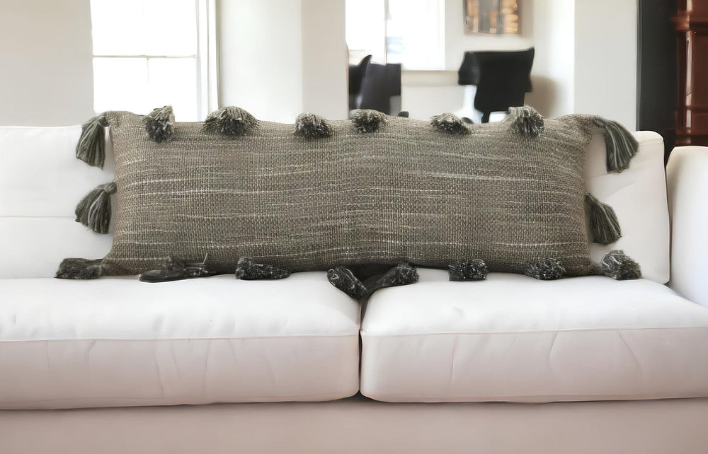 13" X 33" Gray Polyester Blend Throw Pillow With Tassels - Homeroots