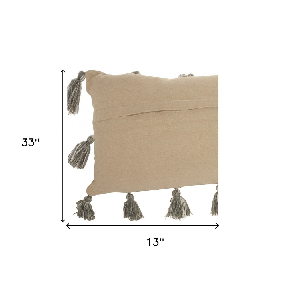 13" X 33" Gray Polyester Blend Throw Pillow With Tassels - Homeroots