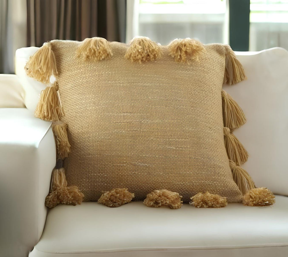 18" Yellow Polyester Blend Throw Pillow With Tassels - Homeroots - Flyclothing LLC