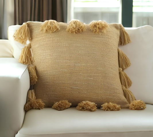 18" Yellow Polyester Blend Throw Pillow With Tassels - Homeroots
