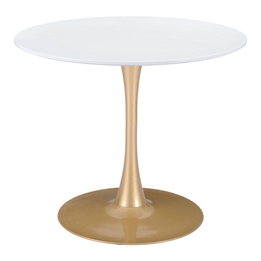 35" White And Gold Rounded Steel Pedestal Base Dining Table - Homeroots