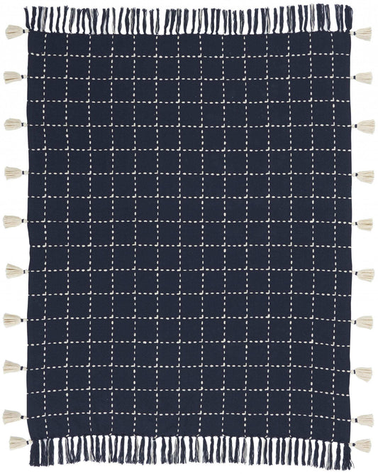 Navy And White Stitched Square Pattern Cotton Throw Blanket - Homeroots - Flyclothing LLC