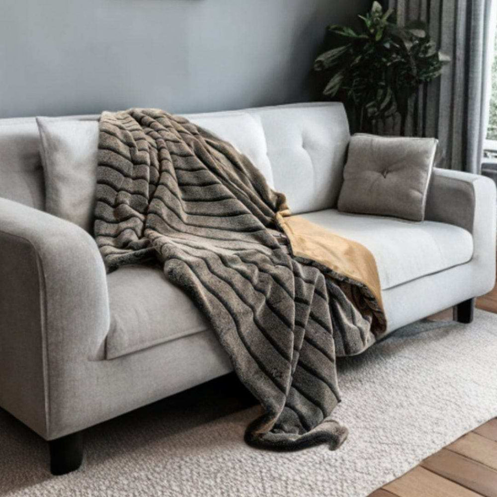 Gray Faux Fur Striped Plush Throw - Homeroots - Flyclothing LLC