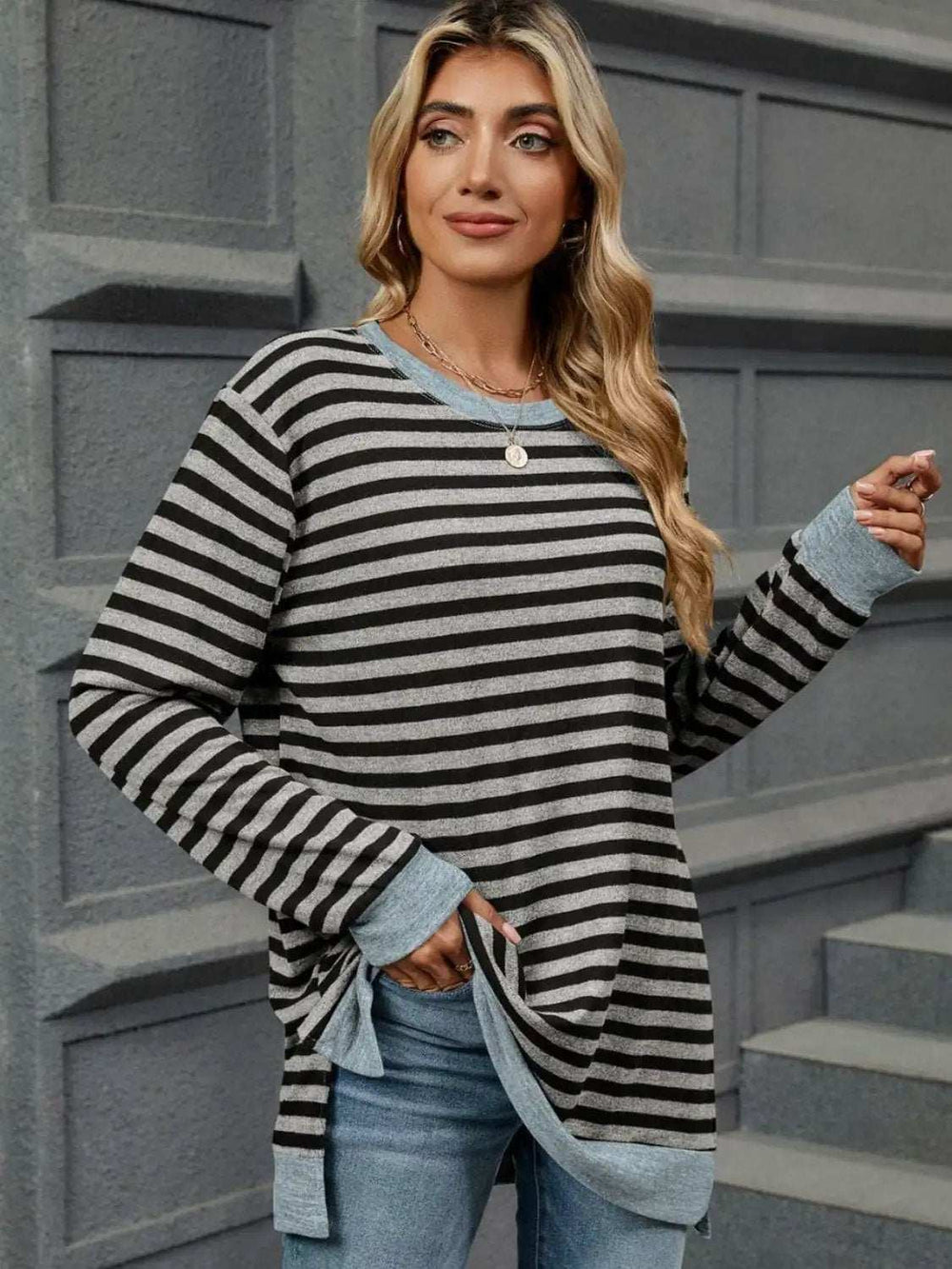 Striped Round Neck Long Sleeve T-Shirt - Trendsi - Flyclothing LLC