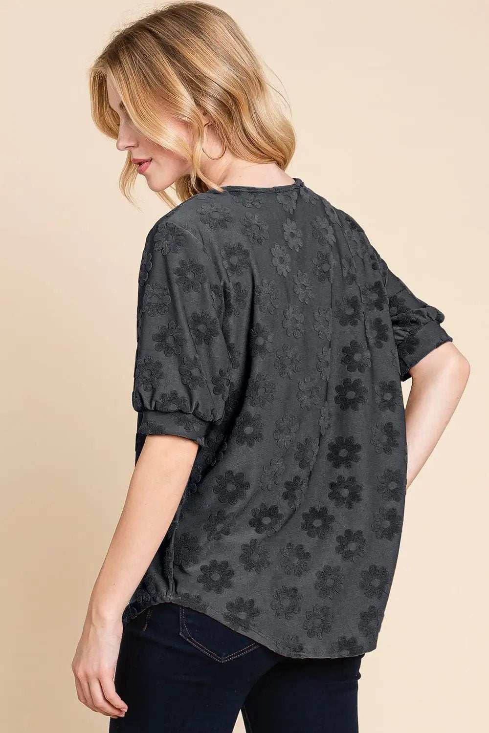 BOMBOM Textured Floral Pattern Top - Trendsi - Flyclothing LLC