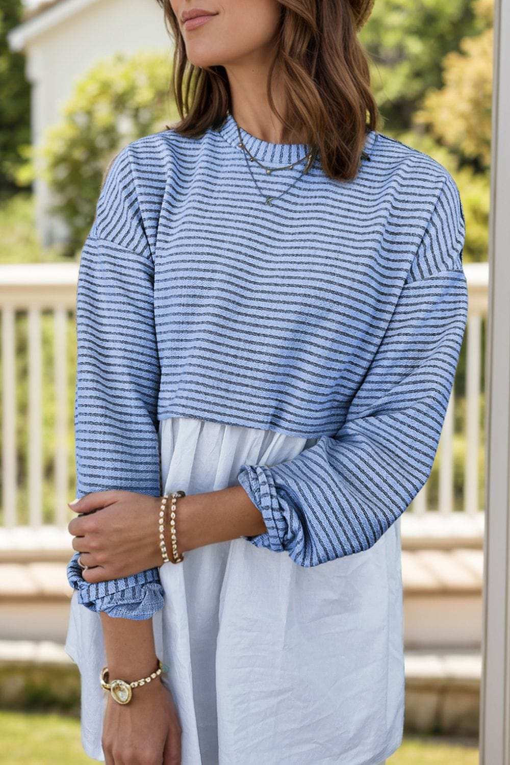 Striped Round Neck Long Sleeve Mini Dress - Trendsi - Flyclothing LLC