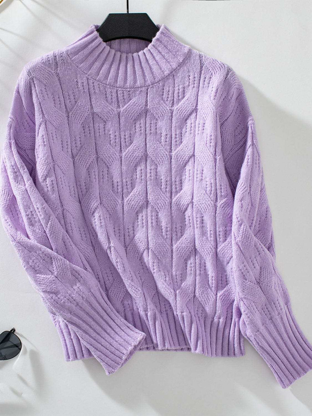 Cable Knit Mock Neck Long Sleeve Sweater - Trendsi - Flyclothing LLC