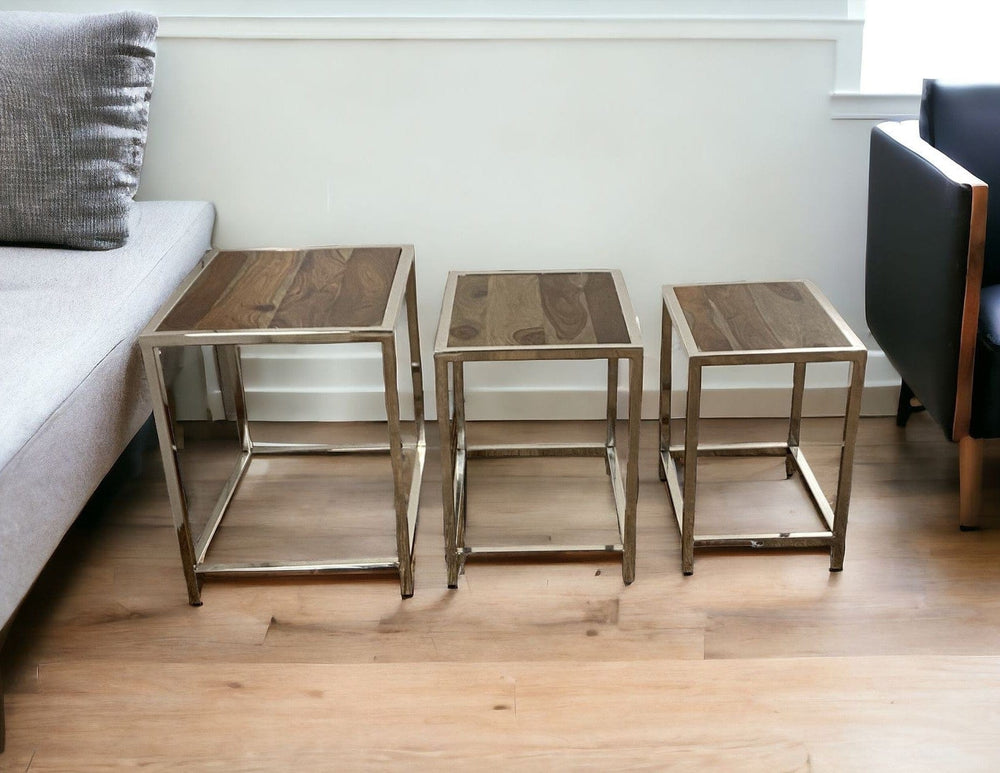 Set of Three 21" Silver And Brown Solid Wood Nested Tables - Homeroots - Flyclothing LLC