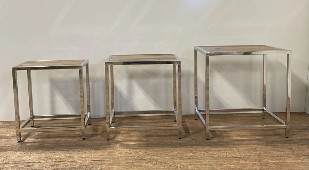 Set of Three 21" Silver And Brown Solid Wood Nested Tables - Homeroots - Flyclothing LLC