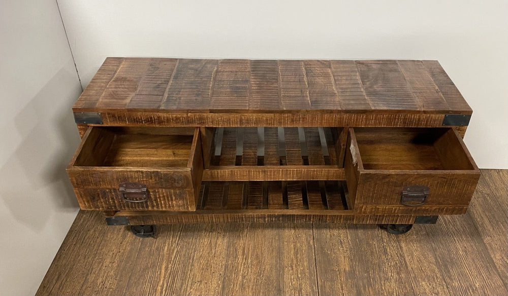 18" Brown and Black Solid Wood Distressed Wheel Console Table With Shelves And Drawers - Homeroots - Flyclothing LLC