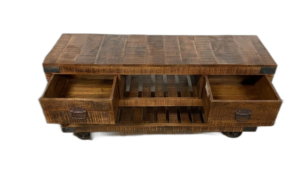 18" Brown and Black Solid Wood Distressed Wheel Console Table With Shelves And Drawers - Homeroots - Flyclothing LLC