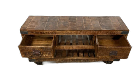 18" Brown and Black Solid Wood Distressed Wheel Console Table With Shelves And Drawers - Homeroots