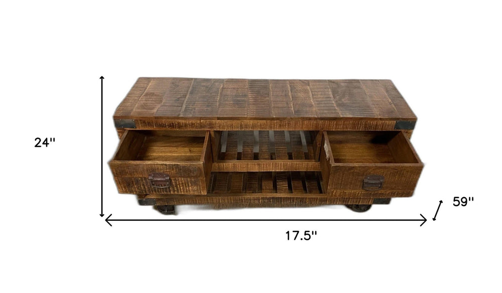 18" Brown and Black Solid Wood Distressed Wheel Console Table With Shelves And Drawers - Homeroots - Flyclothing LLC