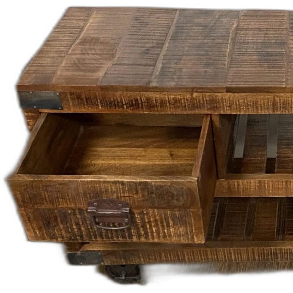 18" Brown and Black Solid Wood Distressed Wheel Console Table With Shelves And Drawers - Homeroots - Flyclothing LLC