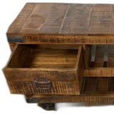 18" Brown and Black Solid Wood Distressed Wheel Console Table With Shelves And Drawers - Homeroots - Flyclothing LLC