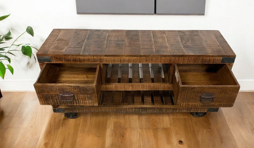 18" Brown and Black Solid Wood Distressed Wheel Console Table With Shelves And Drawers - Homeroots - Flyclothing LLC