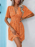 Printed V-Neck Half Sleeve Mini Dress - Trendsi - Flyclothing LLC