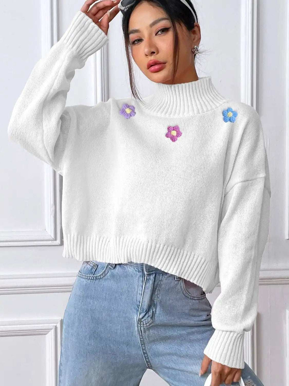 Flower Turtleneck Long Sleeve Sweater - Trendsi - Flyclothing LLC