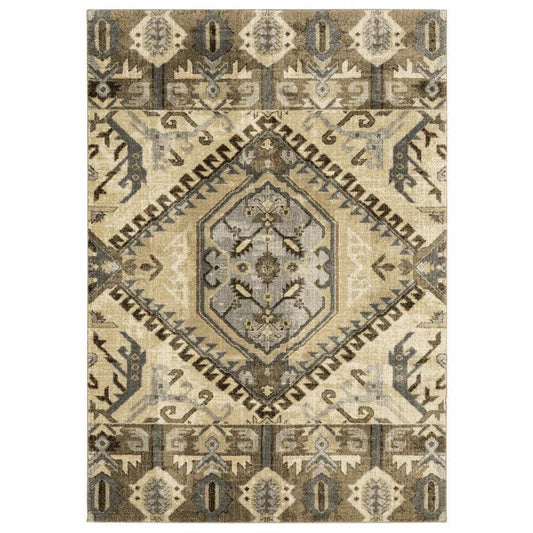 8' X 11' Tan And Gold Central Medallion Indoor Area Rug - Homeroots - Flyclothing LLC