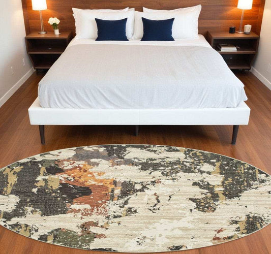 8' Beige and Black Round Power Loom Area Rug - Homeroots - Flyclothing LLC