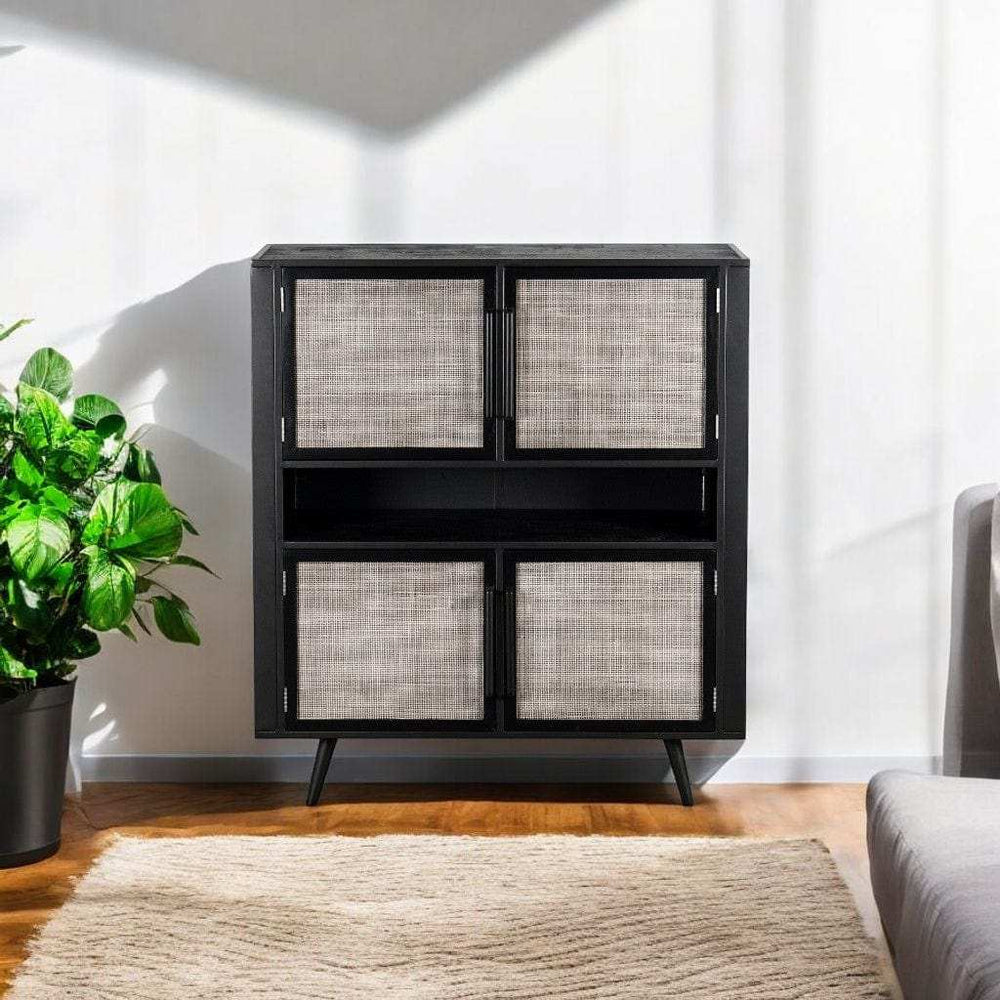Modern Rustic Black Rattan Double Decker Accent Cabinet - Homeroots - Flyclothing LLC