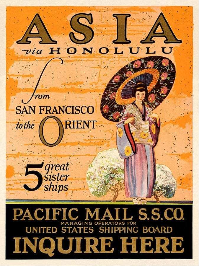 Asia via Honolulu Vintage Travel Unframed Print Wall Art - Homeroots - Flyclothing LLC