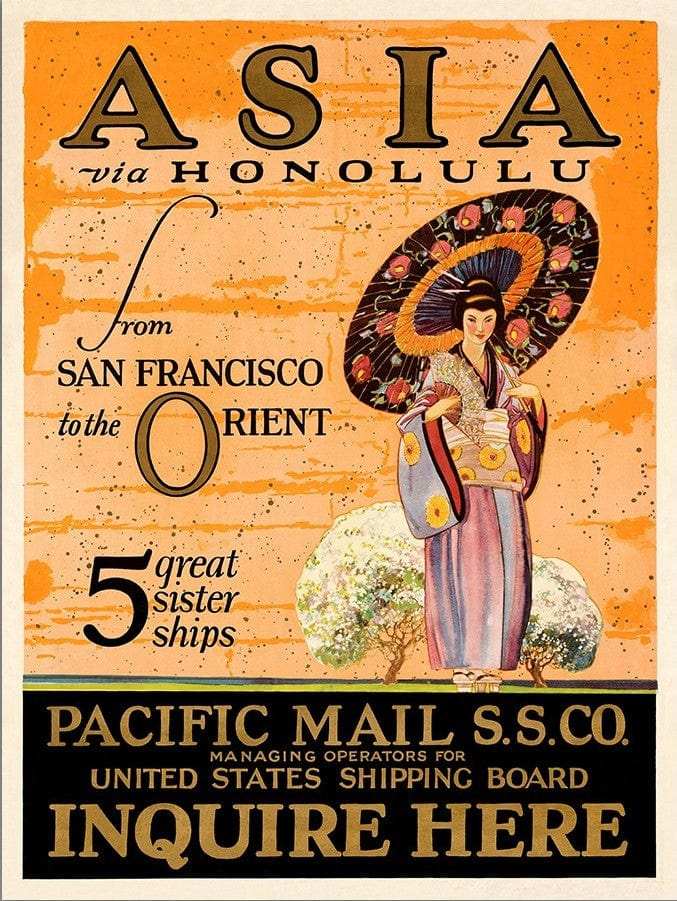 Asia Via Honolulu Vintage Travel Unframed Print Wall Art - Homeroots - Flyclothing LLC