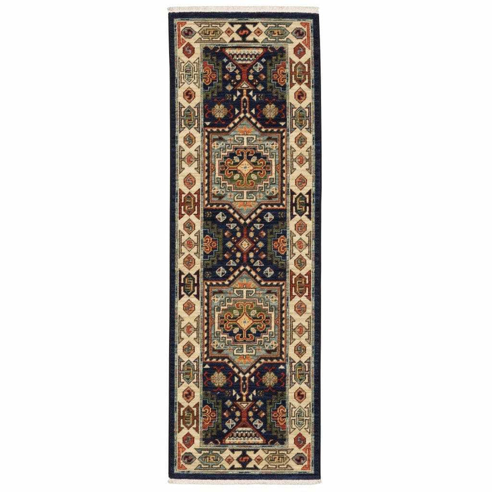 12' Blue Ivory Machine Woven Medallion Indoor Runner Rug - Homeroots - Flyclothing LLC