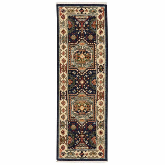 12' Blue Ivory Machine Woven Medallion Indoor Runner Rug - Homeroots - Flyclothing LLC