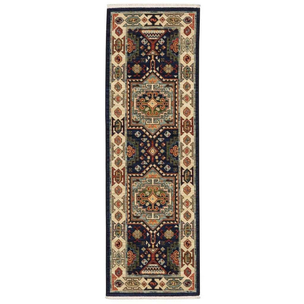12' Blue Ivory Machine Woven Medallion Indoor Runner Rug - Homeroots - Flyclothing LLC
