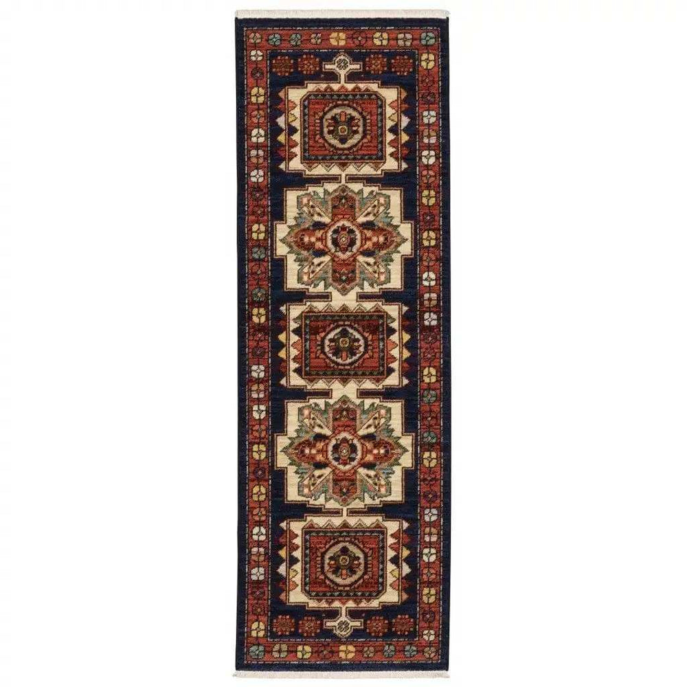6' Blue Red Machine Woven Medallions Indoor Runner Rug - Homeroots - Flyclothing LLC