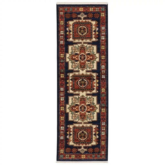 6' Blue Red Machine Woven Medallions Indoor Runner Rug - Homeroots - Flyclothing LLC