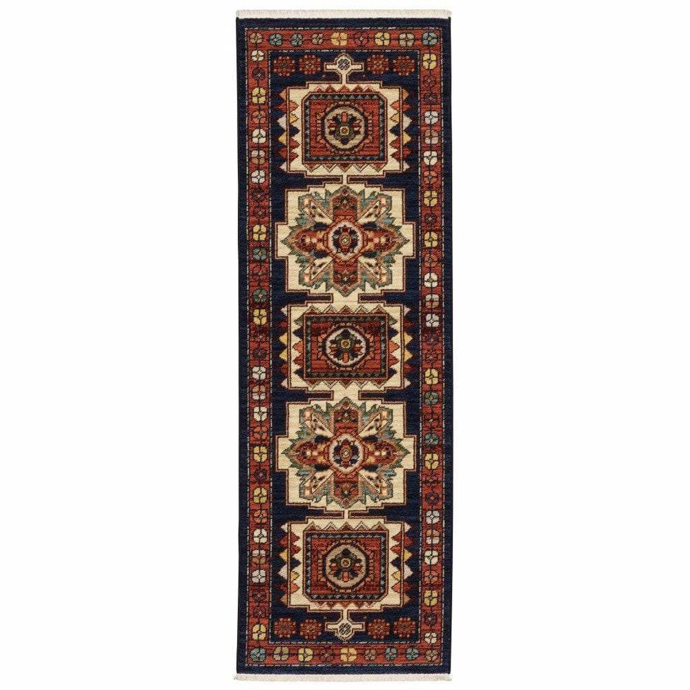 12' Blue Red Machine Woven Medallions Indoor Runner Rug - Homeroots - Flyclothing LLC