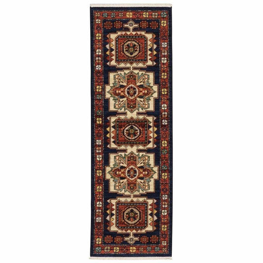 12' Red Blue Machine Woven Oriental Indoor Runner Rug - Homeroots - Flyclothing LLC