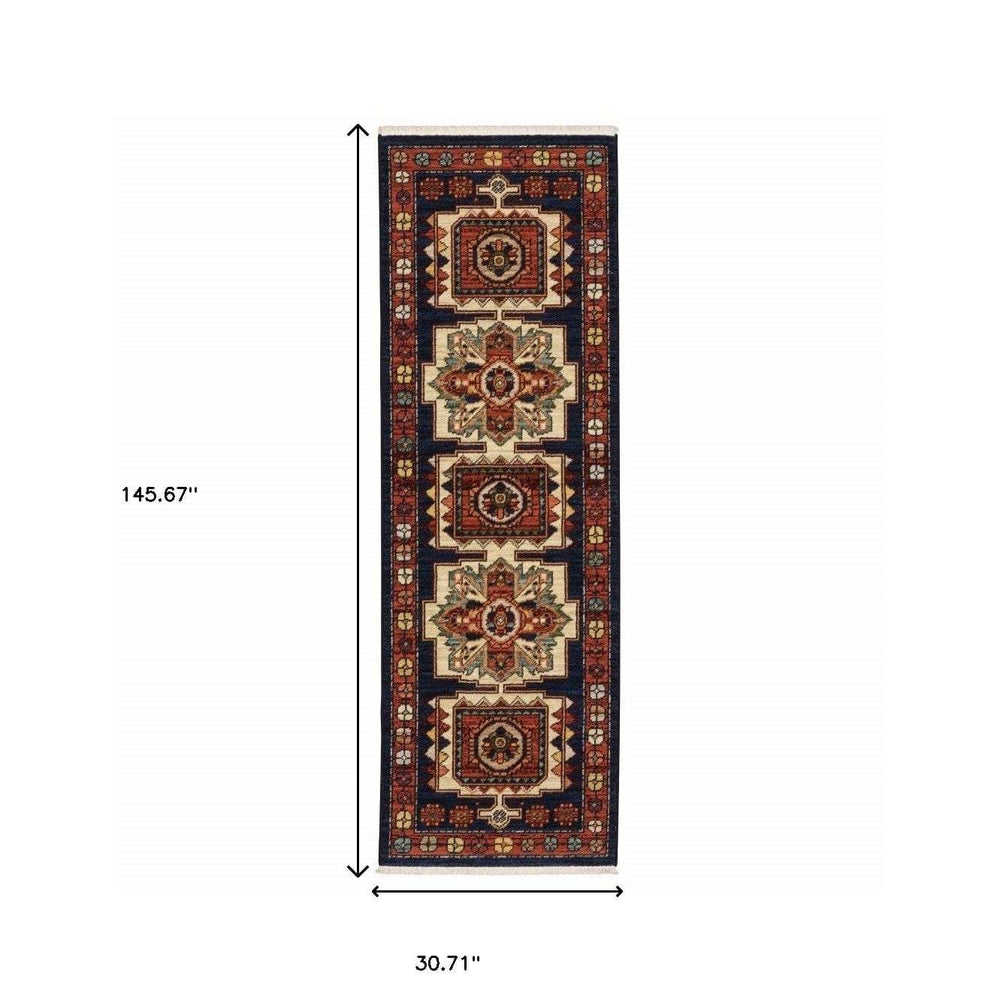 12' Red Blue Machine Woven Oriental Indoor Runner Rug - Homeroots - Flyclothing LLC
