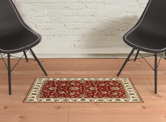 1' X 3' Red Ivory Machine Woven Floral Oriental Indoor Area Rug - Homeroots - Flyclothing LLC