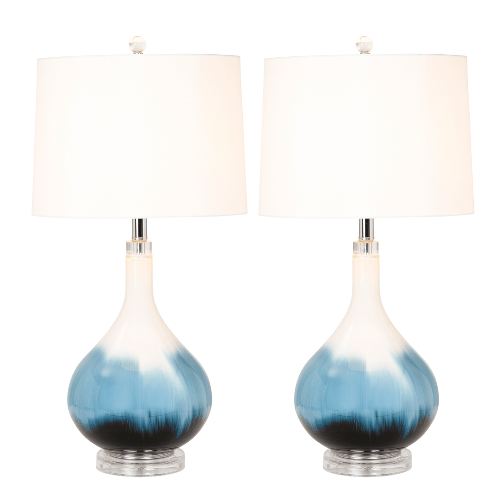 Set of Two 29" Blue and White Glass Table Lamps With White Shades - Homeroots