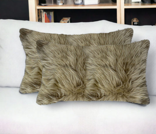 Set of Two 12" X 20" Taupe Sheepskin Lumbar Throw Pillows - Homeroots