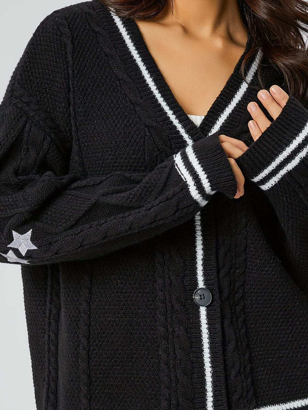 Star Embroidered V-Neck Long Sleeve Cardigan - Trendsi - Flyclothing LLC