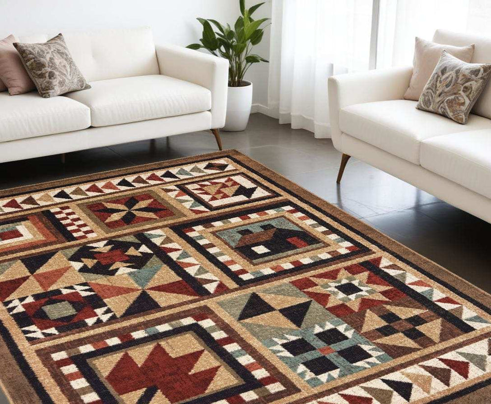 8' X 10' Brown And Red Ikat Patchwork Area Rug - Homeroots - Flyclothing LLC
