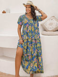 Plus Size Printed V-Neck Short Sleeve Maxi Dress - Trendsi - Flyclothing LLC