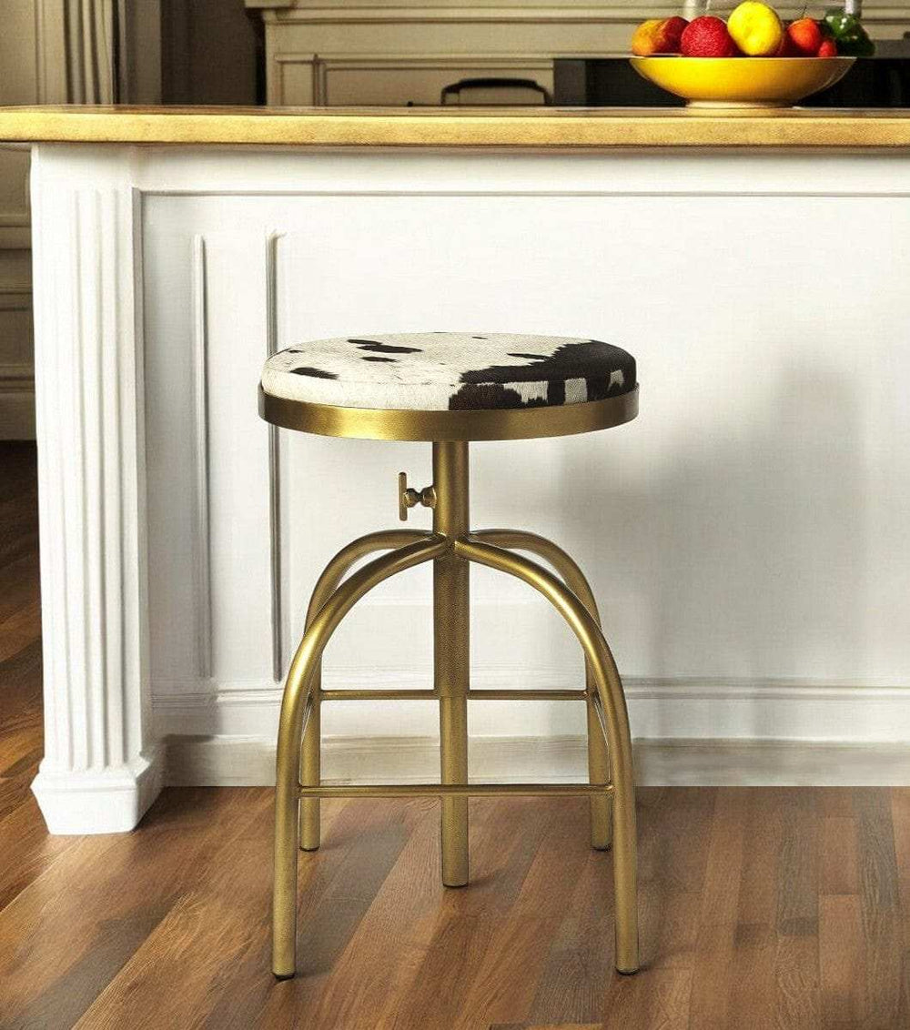Black Off White And Gold Hair on Hide And Iron Adjustable Height Swivel Bar Chair - Homeroots - Flyclothing LLC