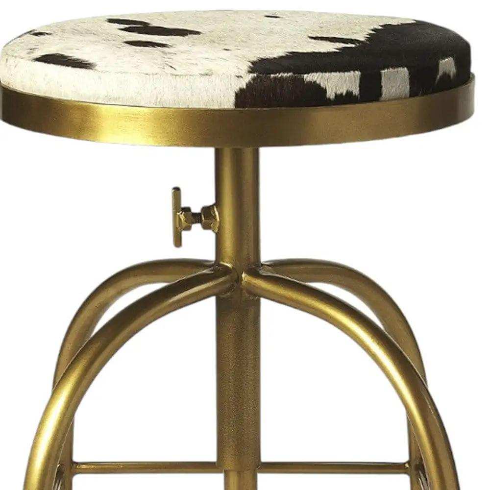 Black Off White And Gold Hair on Hide And Iron Adjustable Height Swivel Bar Chair - Homeroots - Flyclothing LLC