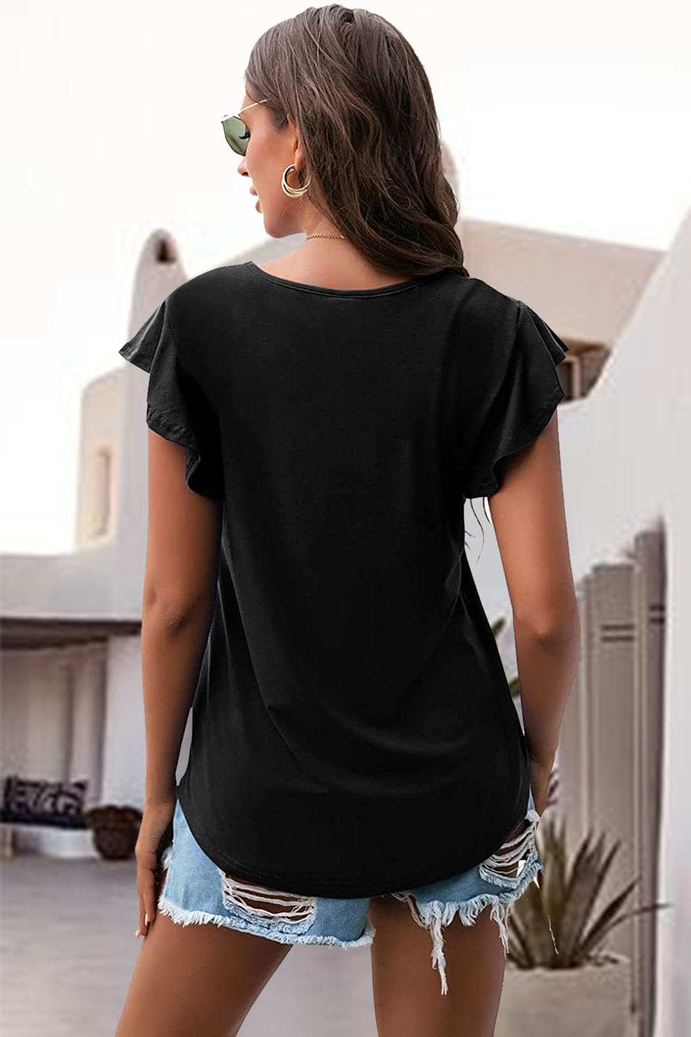 Ruffled Round Neck Cap Sleeve Blouse - Trendsi - Flyclothing LLC
