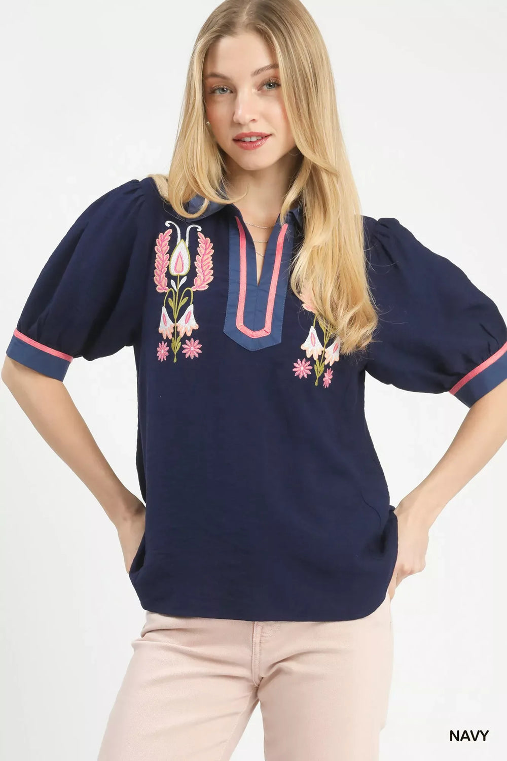 Umgee Embroidered Puff Sleeve Contrast Trim Top - Trendsi - Flyclothing LLC