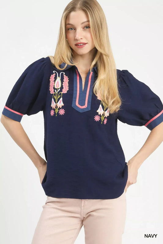 Umgee Embroidered Puff Sleeve Contrast Trim Top - Trendsi - Flyclothing LLC