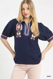 Umgee Embroidered Puff Sleeve Contrast Trim Top - Trendsi - Flyclothing LLC