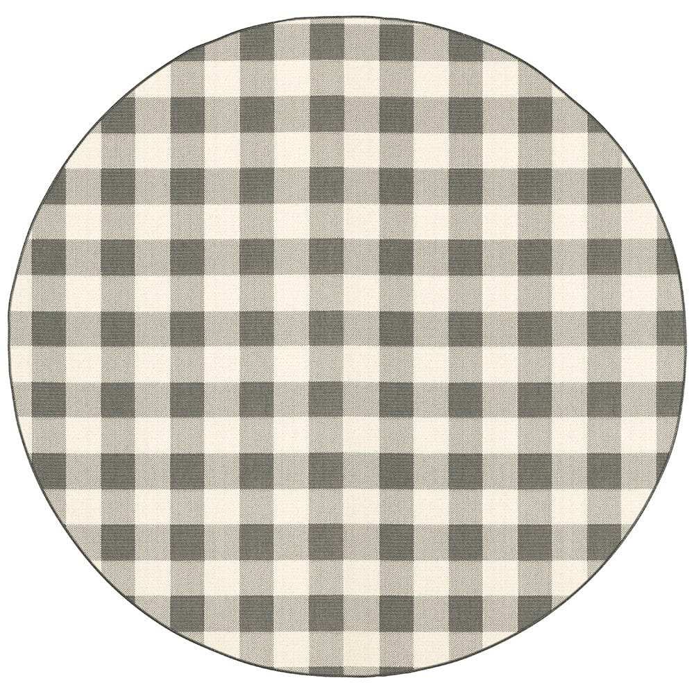 8' Round Gray and Ivory Round Gingham Stain Resistant Indoor Outdoor Area Rug - Homeroots - Flyclothing LLC