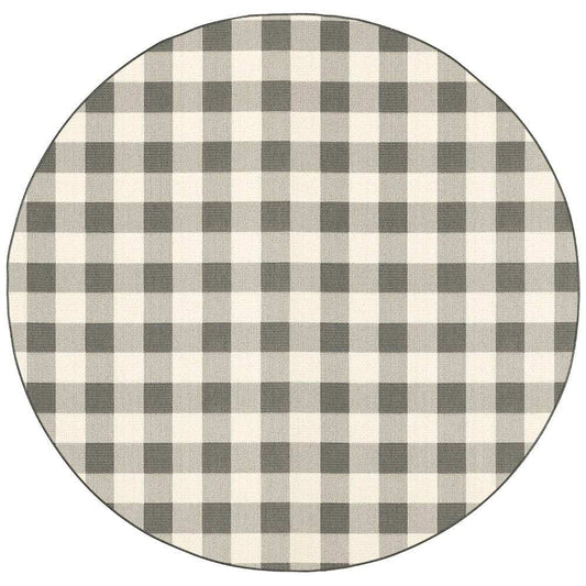 8' Round Gray and Ivory Round Gingham Stain Resistant Indoor Outdoor Area Rug - Homeroots - Flyclothing LLC