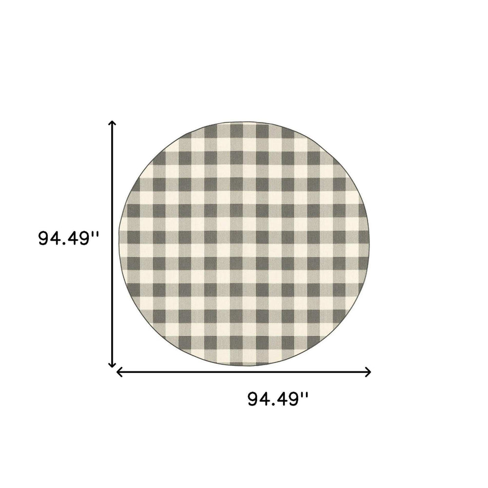 8' Round Gray and Ivory Round Gingham Stain Resistant Indoor Outdoor Area Rug - Homeroots - Flyclothing LLC